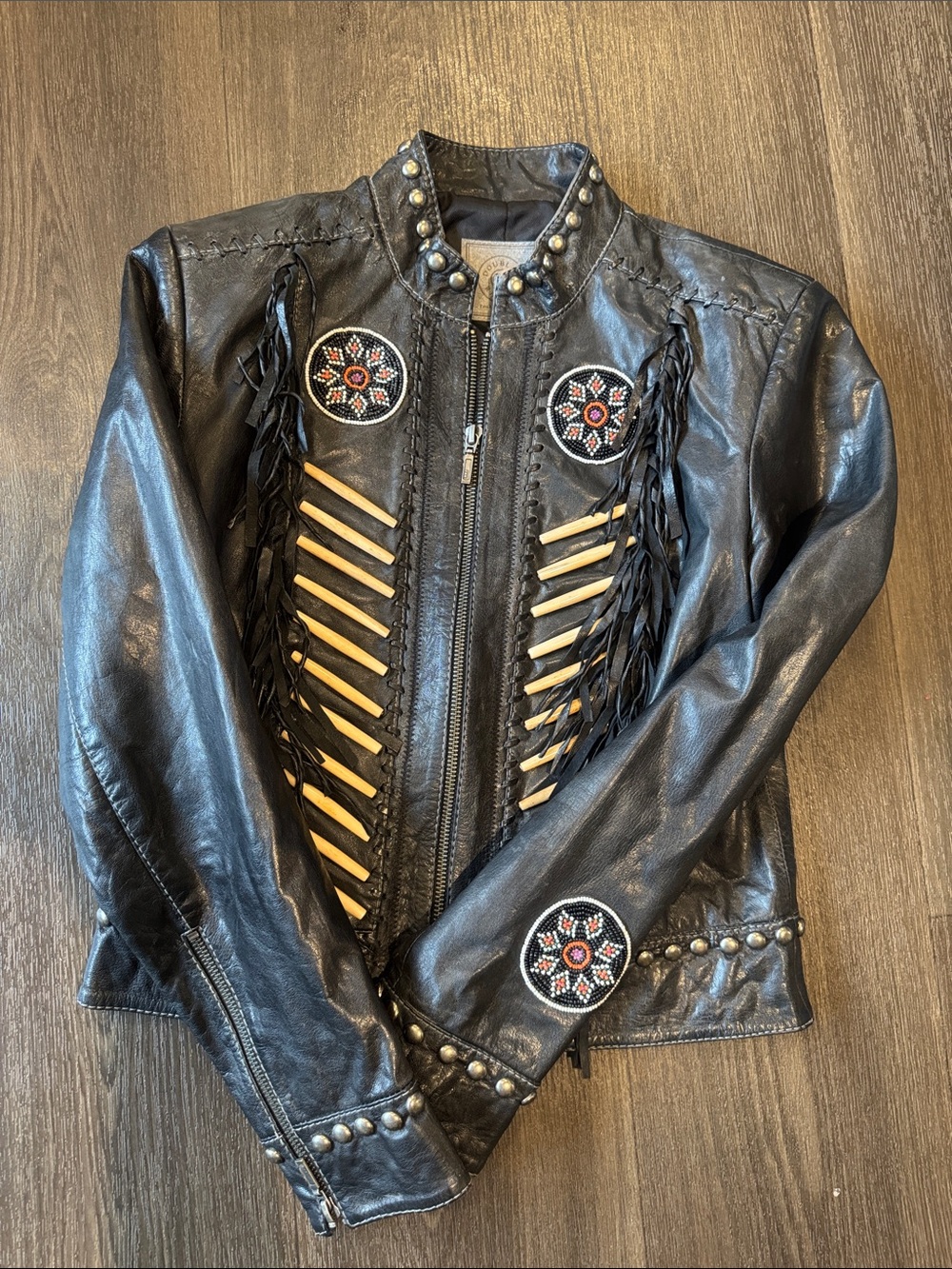 Black Embellished Leather Jacket with Beaded Medallions